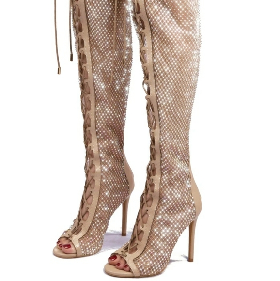 Cape Robbin Lace-Up Diamond Thigh High Boots Nude - Picture 2 of 3